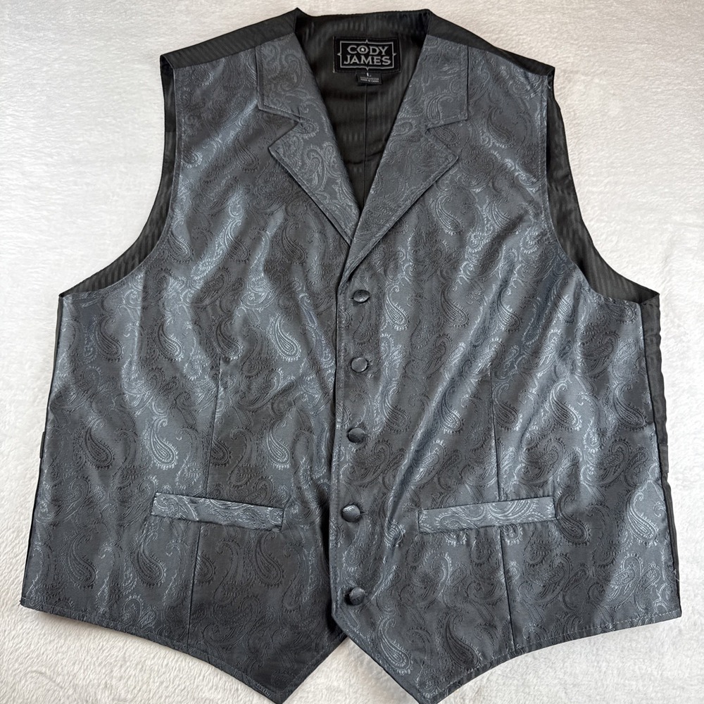 Cody James Gray Paisley 5 Button Welt Pocket Point Peak Lapel‎ Tuxedo Vest L 44R